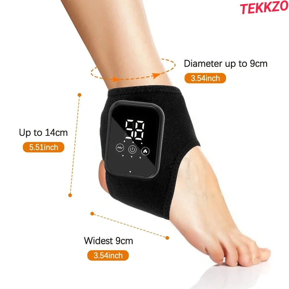 Black electronic ankle brace with digital display on foot showing size dimensions in centimeters and inches