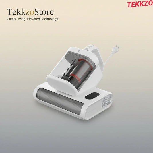 White handheld vacuum cleaner with transparent dust container and power plug on gradient background