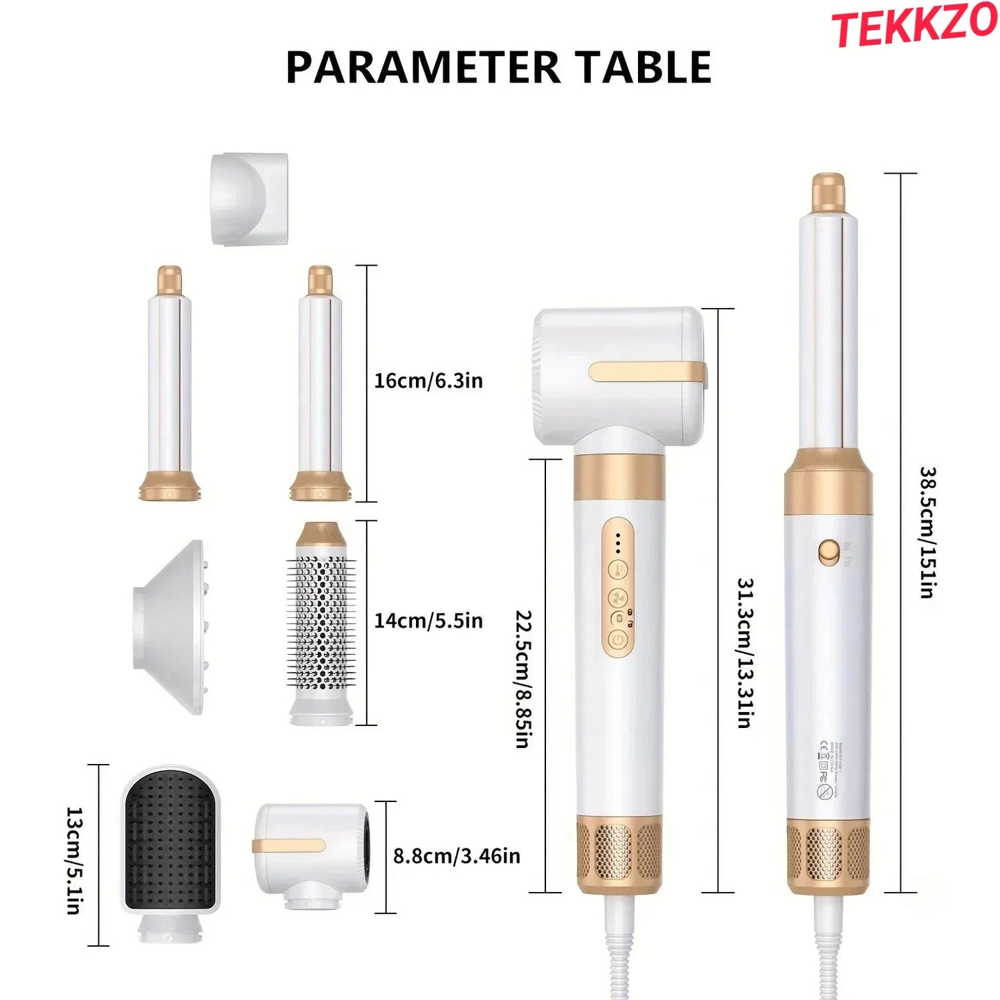 White and gold hair styling tool set with curling and brush attachments, dimensions labeled