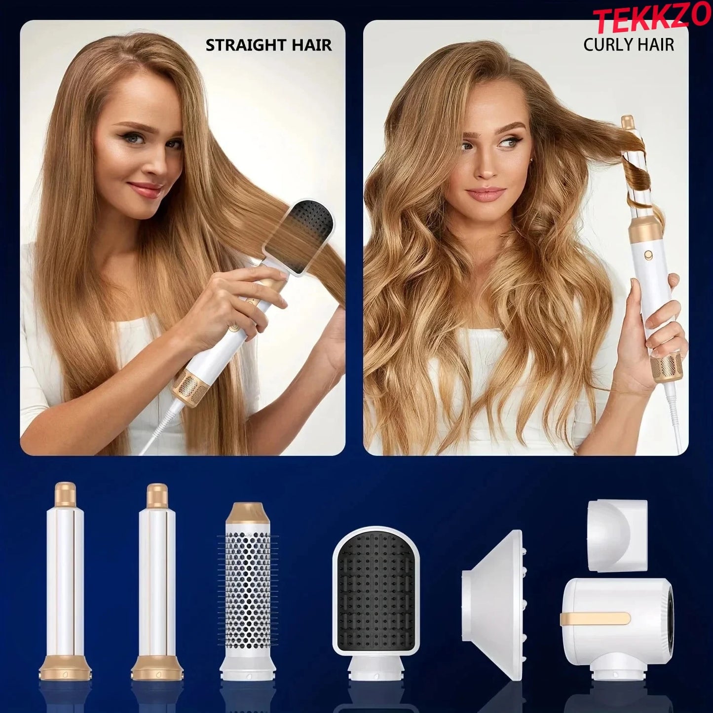 Hair styling tools set with attachments for straight and curly hair, shown on a woman with blonde hair