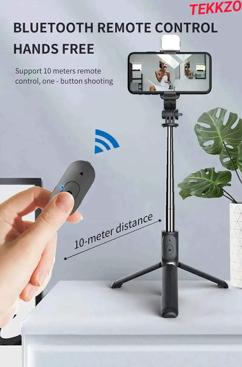 Bluetooth remote control with hands-free selfie stick tripod and smartphone capturing photo from 10 meters