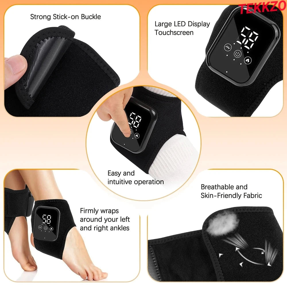 Black ankle brace with strong stick-on buckle, large LED touchscreen display, breathable fabric, worn on left ankle