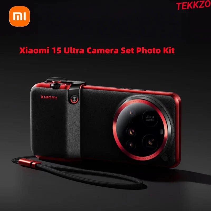 Xiaomi 15 Ultra Camera Set Photo Kit in black and red with Leica lenses and wrist strap on dark background