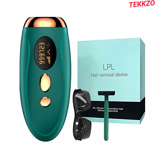 Green and gold LPL hair removal device with digital display, protective glasses, razor, and packaging box