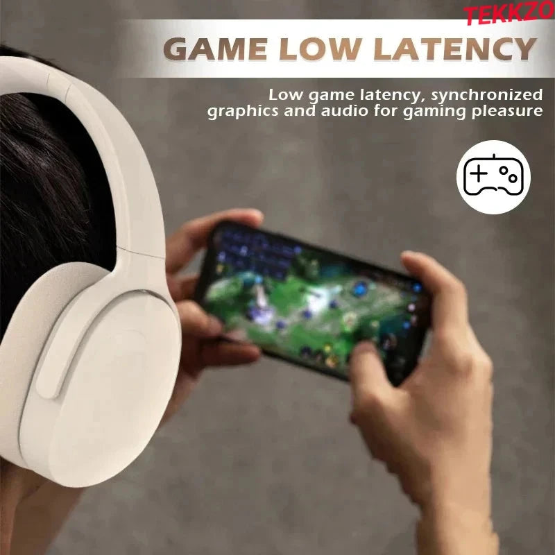 Person wearing white wireless headphones playing mobile game emphasizing low latency and synchronized audio