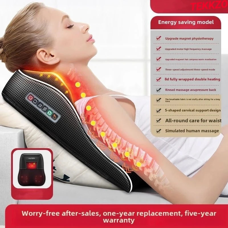 Woman using energy-saving massage pillow with magnet physiotherapy and heated cervical support