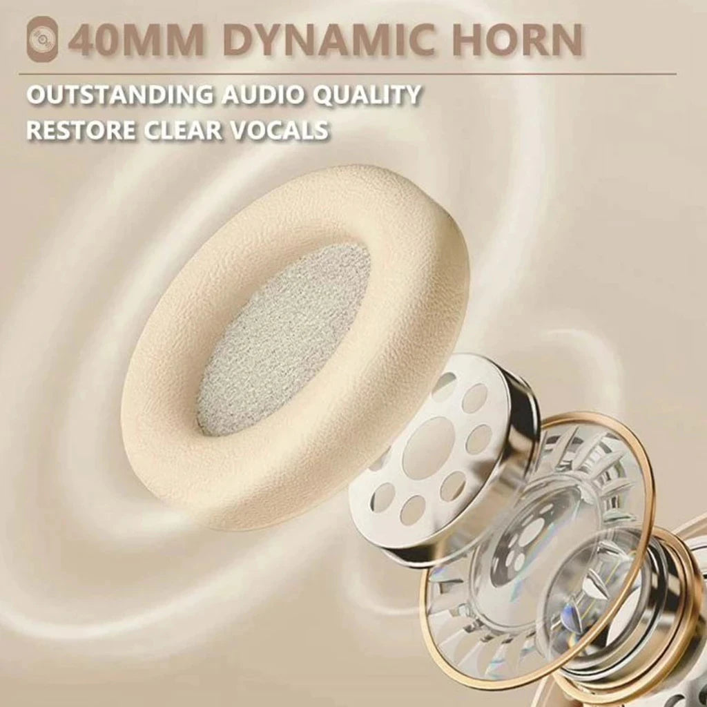 Exploded view of 40mm dynamic horn headphone driver components with beige ear pad and metal parts